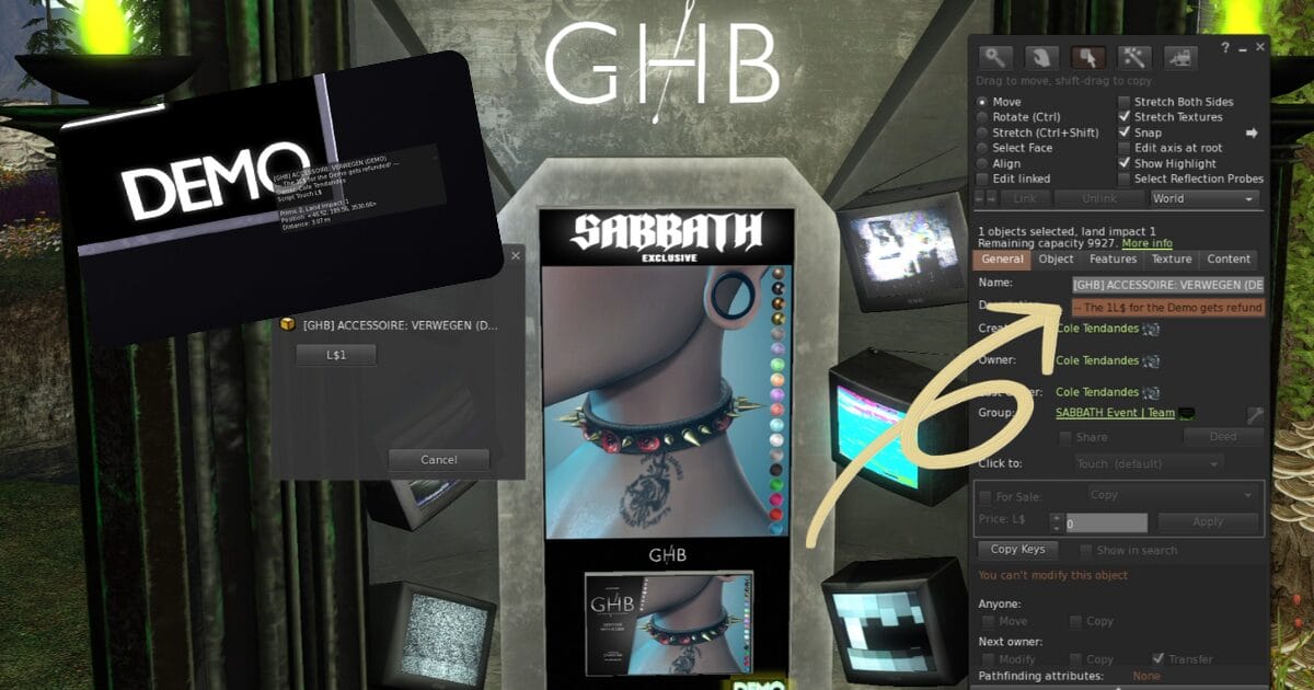 Screenshot from Second Life showing a 1L demo payment prompt at a GHB store vendor. Tooltip description confirms the 1L demo is refundable highlighting a smart signage trick that informs buyers upfront. A perfect example of how to handle 1L demos right