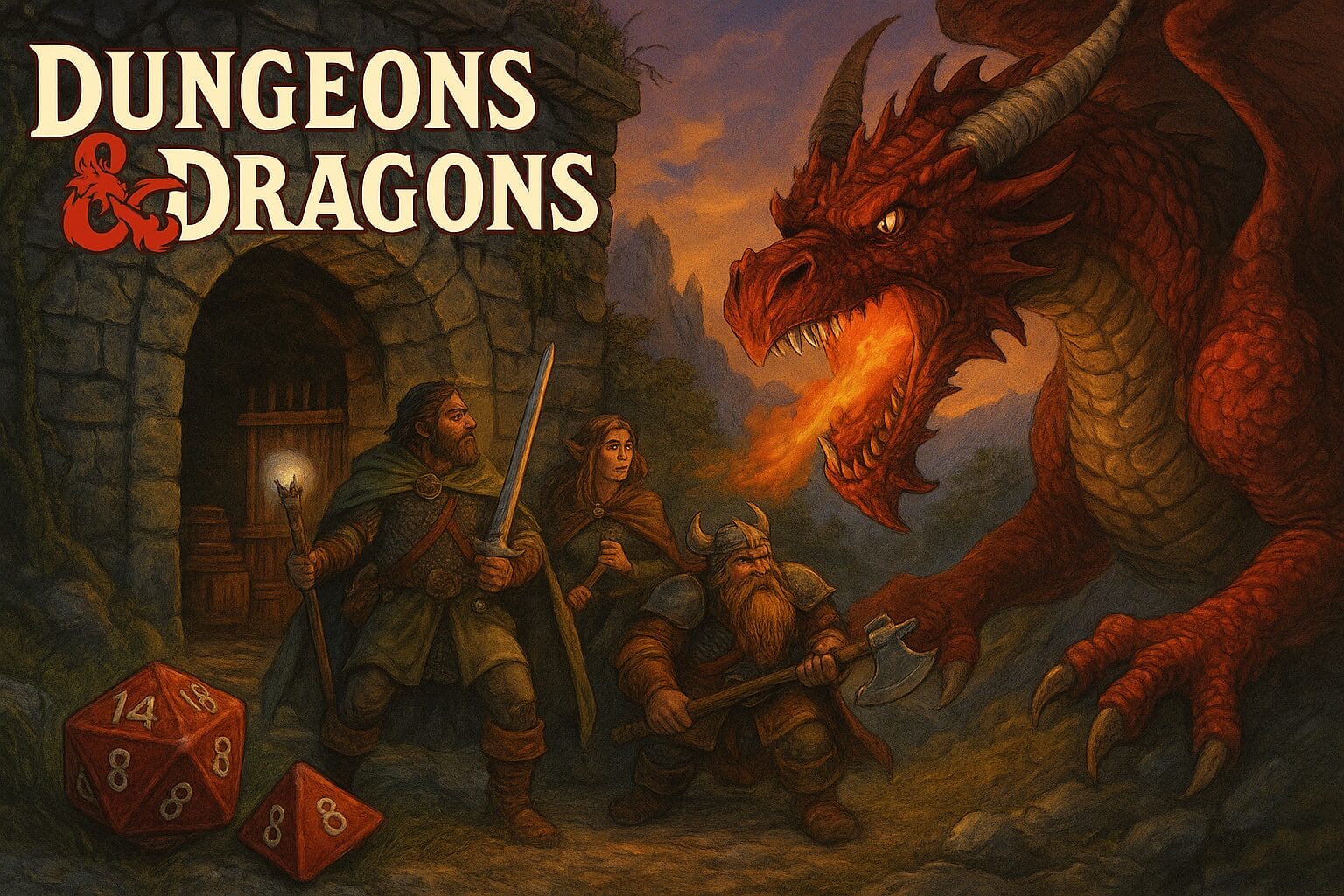 Illustration of a fantasy roleplay scene with a red dragon confronting three adventurers, an elf, a dwarf, and a human, outside a dungeon entrance, with dice in the foreground.