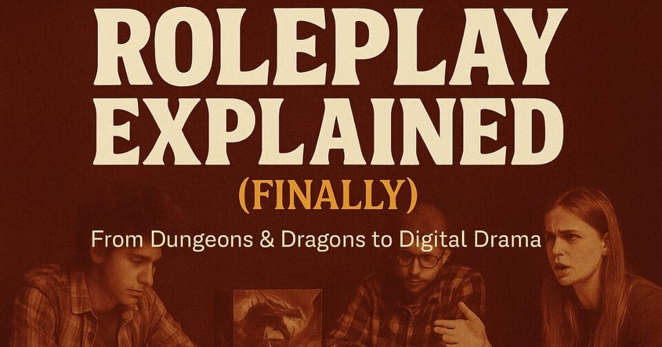 Feature image with the title “Roleplay Explained (Finally)” in bold white letters, with the subtitle “From Dungeons & Dragons to Digital Drama.” Below the text, three people sit at a table roleplaying a tabletop game, surrounded by dice, character sheets, and a dragon-themed game screen, all in a vintage, reddish tone.