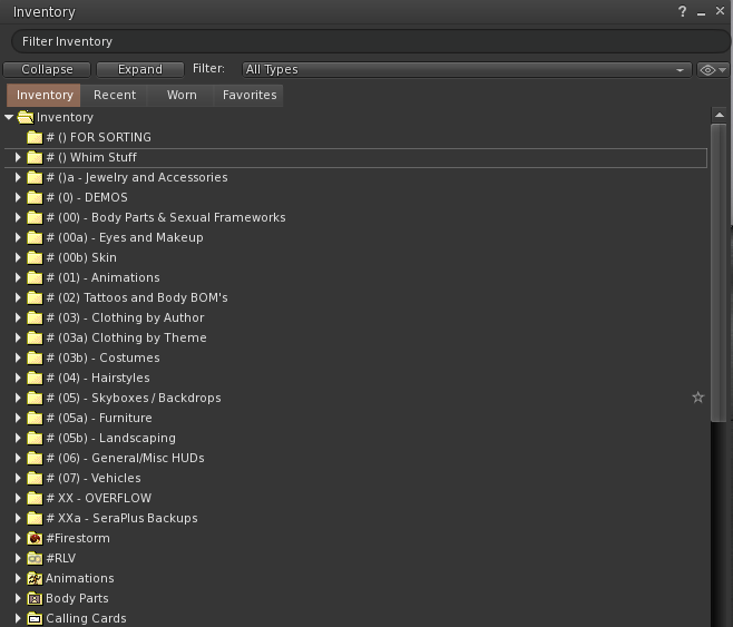 Second Life Inventory Cleanup Tips to Stay Organised and Sane. Screenshot of an organised Second Life inventory with clearly labelled folders like Clothing, Accessories, and Seraplus Backups, illustrating how residents can manage their virtual items efficiently.