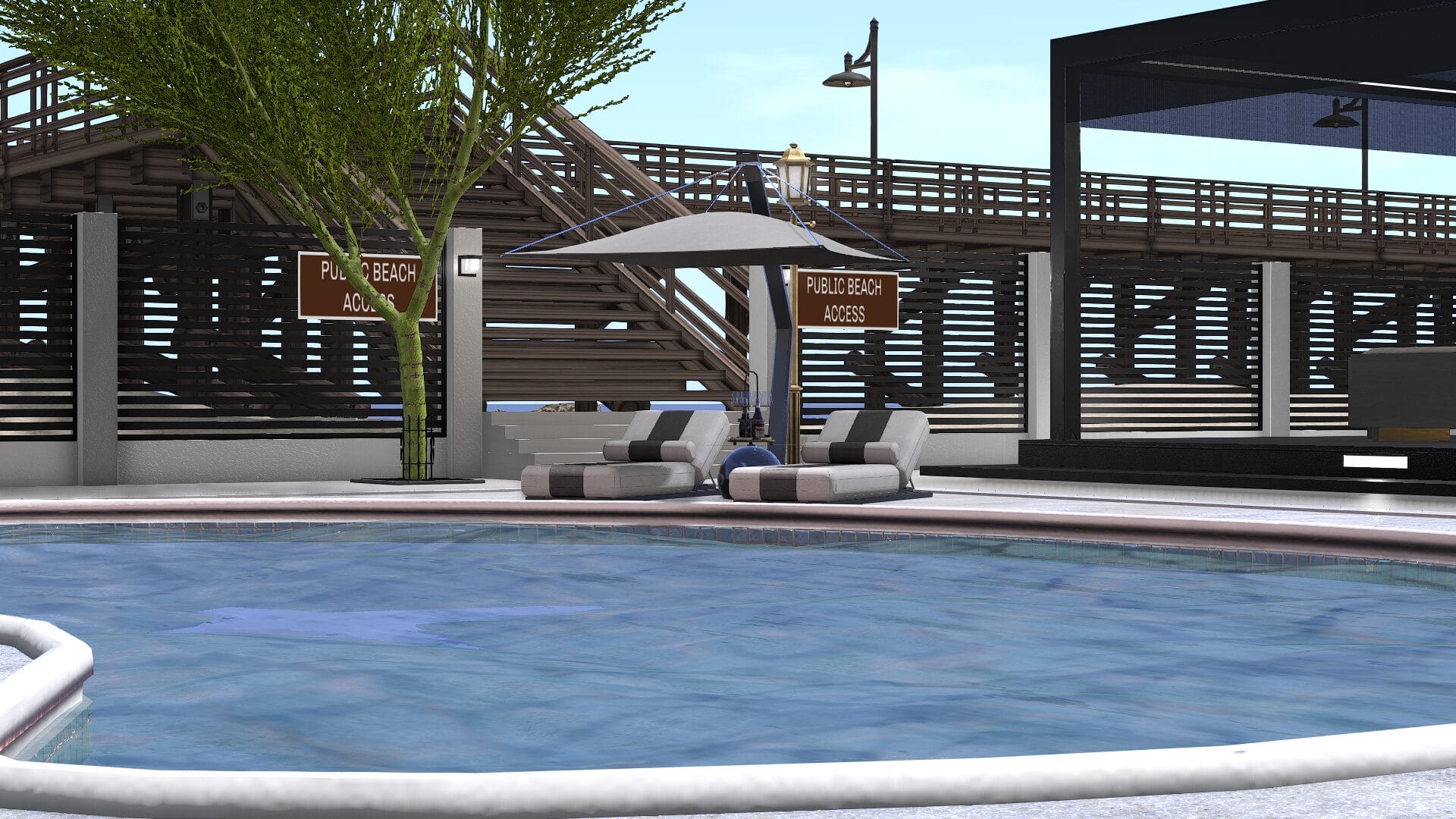 Exterior pool area with a large rounded pool in the foreground, two striped sun loungers under a cantilever umbrella on a central island, slatted timber fencing with Public Beach Access signs, a boardwalk and staircase leading toward the beach, and a glimpse of open sky and water in the background.